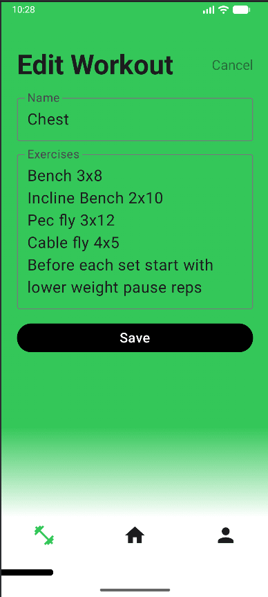 SMPLE edit workout screen