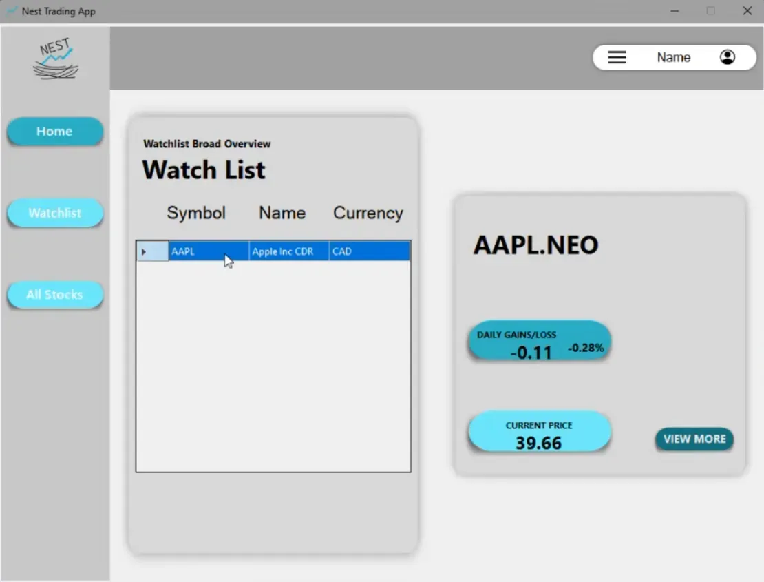 Nest Trading App homepage