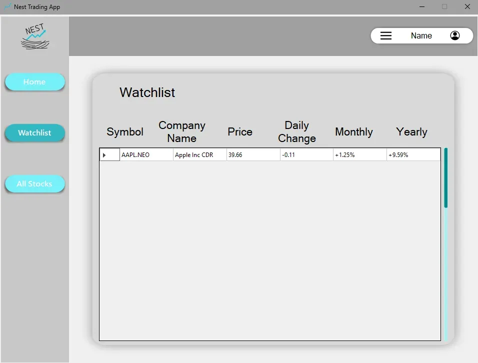 Nest Trading App watchlist